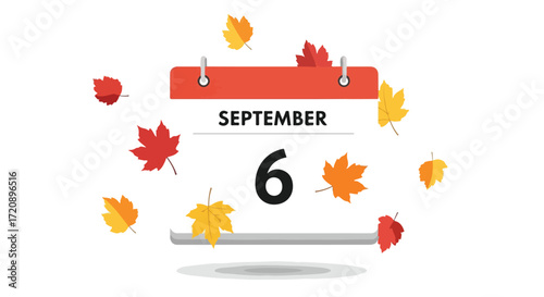 Stylized calendar illustration showcasing September sixth date surrounded by autumn leaves creating fall atmosphere reminding change seasons