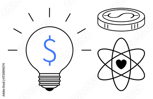 Lightbulb with a dollar sign, coin, and atomic orbit with a heart visually represent ideas of innovation, financial growth, science, and emotional balance. Ideal for creativity, economy, wellness