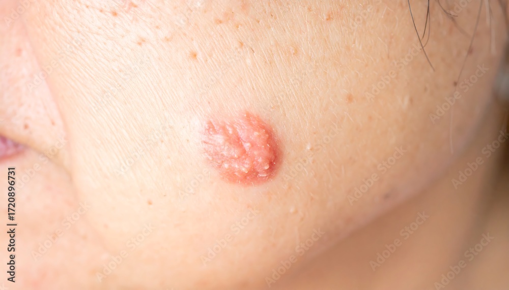 Fototapeta premium Close-up of a small, raised, reddish skin lesion