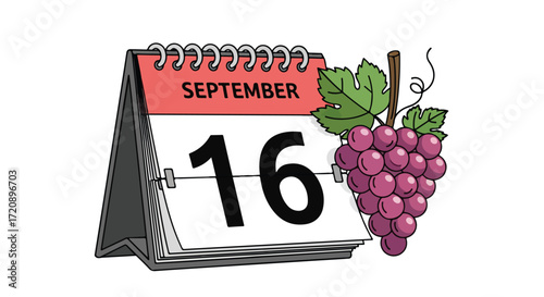 Calendar date indicating September 16th alongside a fresh bunch of grapes representing harvest season celebration or specific event planning