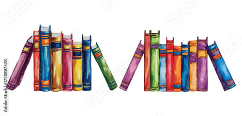 Watercolor row of colorful books illustration. Hand-drawn stacked books in vibrant hues for education and literature