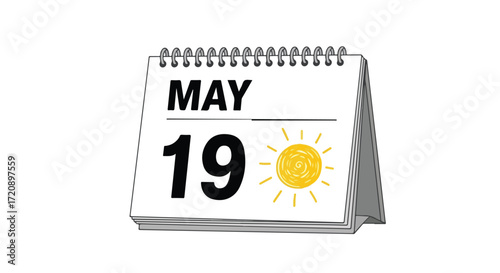 Whimsical May 19th Calendar Illustration Representing Summer Solstice with Decorative Sun Element Illustration