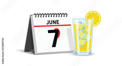 Refreshing summer solstice celebration concept with lemonade and June 7th calendar date illustration