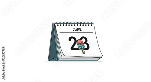 Calendar page showing June 23rd with a stylized popsicle icon designating the date announcement art