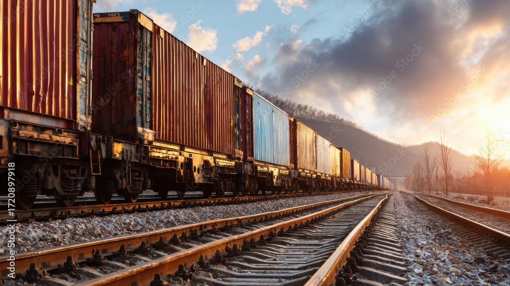 Obraz premium Sunset Over Freight Train with Colorful Cargo Containers on Railway Tracks