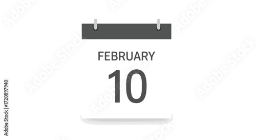 Isolated calendar displaying February 10th, representing an important date reminder icon or scheduling appointment for graphic design element on