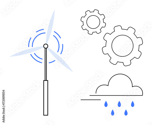 Wind turbine with spinning blades, cloud with rain drops, and mechanical gears. Ideal for sustainability, renewable energy, engineering, environment, climate, innovation and simple landing page