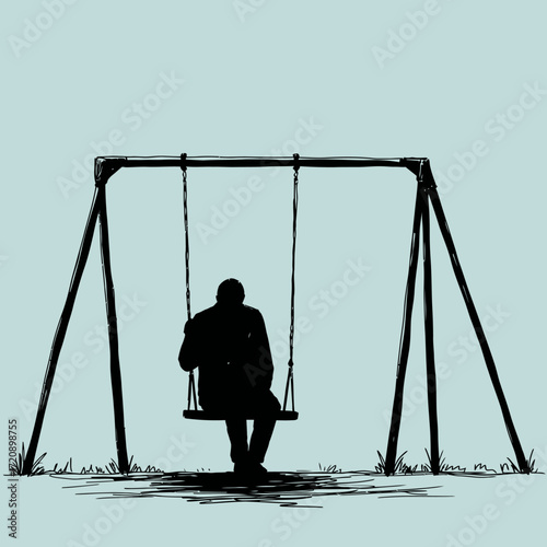 Black Silhouette of a Man Sitting Alone on a Park Swing – Minimalist Nostalgic Design