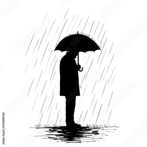 Minimalist Silhouette Man Walking in Rain with Umbrella Down – Sad Vector Art