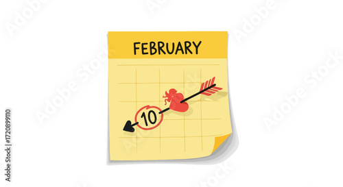 February Tenth Marked on a Calendar with Cupid's Arrow Representing Romantic Date or Valentine's Day Premonition