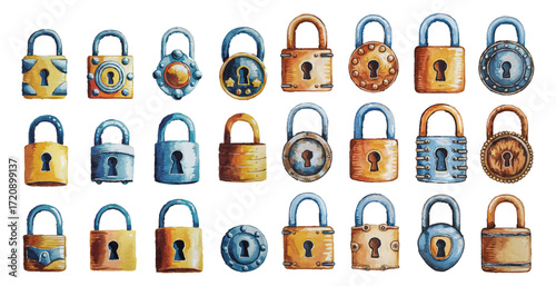 Watercolor Vintage Padlocks Collection Hand Painted Locks Antique Security Symbols Various Shapes Sizes Isolated Transparent Background