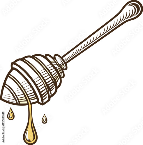 Vintage honey dipper icon with engraved details and honey drip.