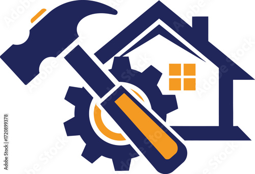 Illustration of a house outline with a hammer and gear in blue and orange on a white background