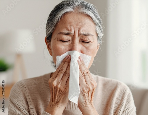 Sick asian senior woman having a cold,runny nose stuffy nose,old elderly blowing or wiping nose in a paper.