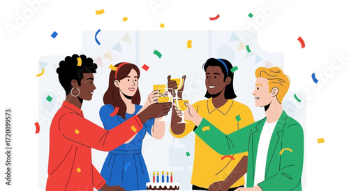 A diverse group of four friends celebrating a special occasion with a toast and confetti.