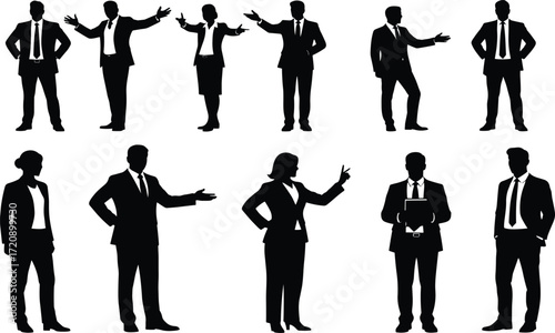 Business professional silhouette set, black, tablet, gestures, pointing, crossed arms, suit attire, vector corporate posture illustration bundle