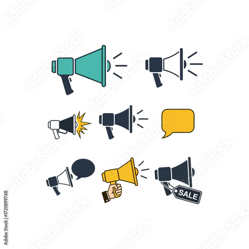 A collection of various megaphone illustrations with speech bubbles and a hand holding one, representing announcements.