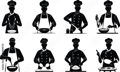 Chef cooking silhouette set, black and white, dough prep, whisking, stirring, stovetop, vector culinary posture illustration bundle