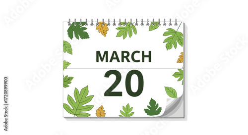 March 20th Calendar Page Decorated with Green and Golden Leaves, Symbolic of Spring Equinox