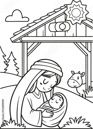 line art peaceful scene of mary holding baby jesus.eps