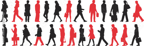 Business people walking silhouettes, professional men and women, carrying bags, urban lifestyle, corporate commuting, office workers, city walking, business attire, workday routine