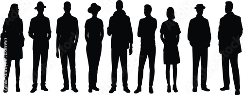 Human silhouette set, black, diverse attire, hats, bags, casual and formal mix, vector standing posture illustration bundle