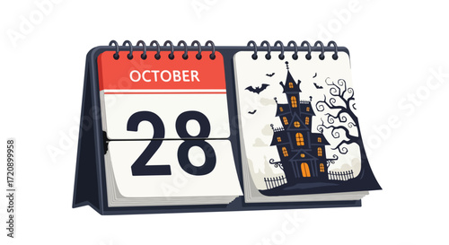 Spooky October 28th: Anticipation for a Haunted Halloween Celebration on the Horizon with Calendar Displaying Gothic Mansion Imagery