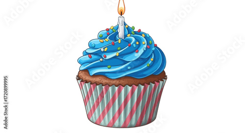 A celebratory birthday cupcake with vibrant blue frosting, colorful sprinkles, and a single lit candle.