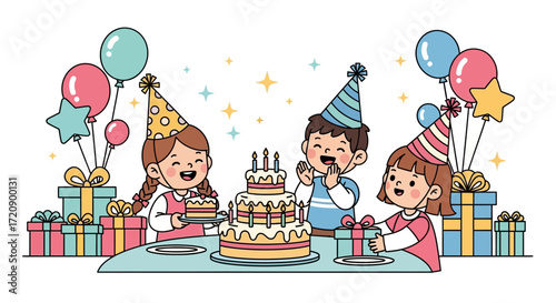 Three happy children celebrating a birthday with cakes, gifts, and balloons.