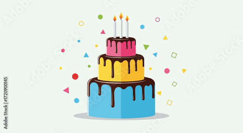 A three-tiered birthday cake with colorful frosting and lit candles, decorated with sprinkles.