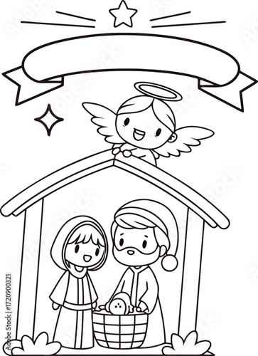 line art stable scene with mary  joseph  and baby .eps