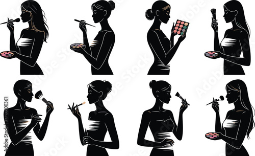 Makeup palette silhouette set, black, blush brush, lipstick, powder, strapless top, vector beauty posture illustration bundle
