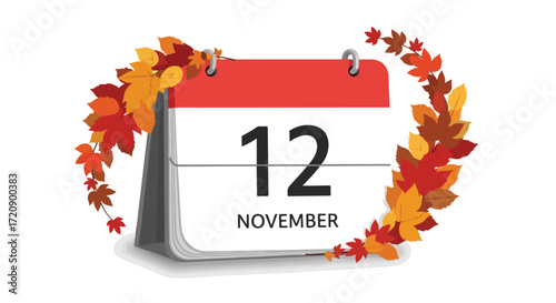 Calendar page displaying November 12th, adorned with colorful autumn foliage, evoking seasonal change, time management, and commemorating important