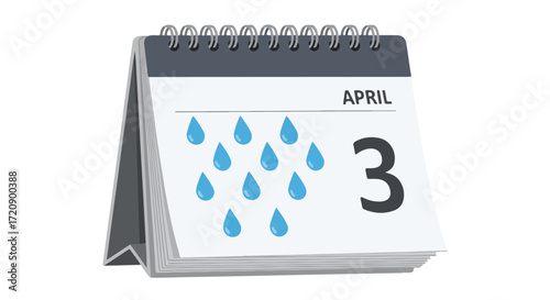 Symbolic desk calendar illustrating the third of April with raindrops graphic for weather forecasts and planning seasonal activities