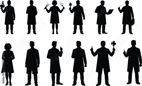 Scientist silhouette set, black, lab coat, flask, globe, laptop, gestures, vector research posture illustration bundle for STEM visuals