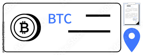 Bitcoin coin icon with BTC text, digital payment document, and location pin visualization. Ideal for cryptocurrency, finance, payments, blockchain, digital economy, virtual transactions
