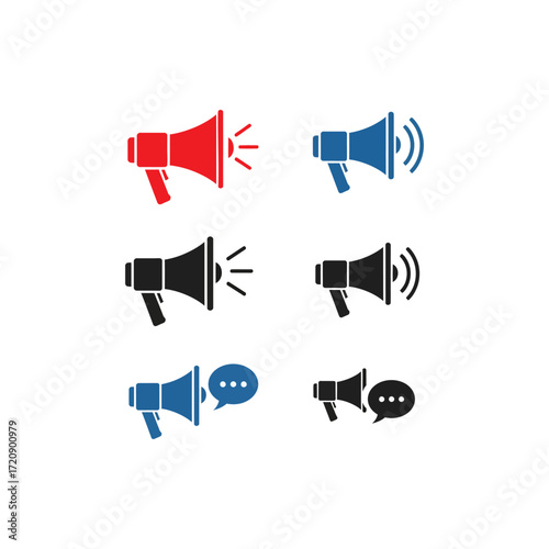 A collection of six stylized megaphone icons in red, blue, and black, some emitting sound waves and others accompanied by speech bubbles, representing commun...