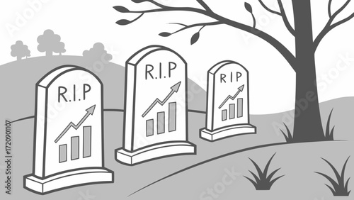 Financial Crisis Illustration – Cartoon Vector of RIP Gravestones with Failing Stock Market Graphs, Economic Recession Concept Artwork