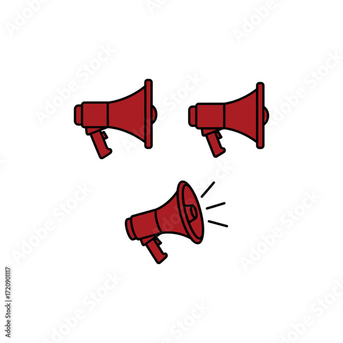 Three red megaphones, each in a different position, illustrating communication and announcements.
