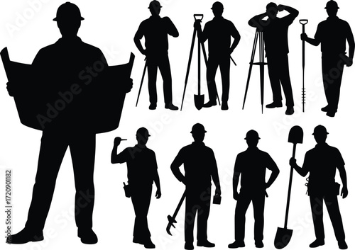 Construction worker silhouettes, hard hats safety, blueprint reading, surveying tools, shovel digging, construction site workers, manual labor, teamwork