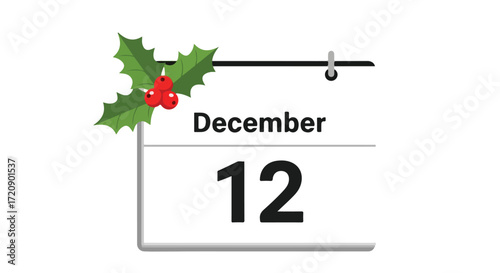 Festive twelfth day of december calendar icon decorated with vibrant holly berries and lush green leaves symbolizing winter holidays preparation