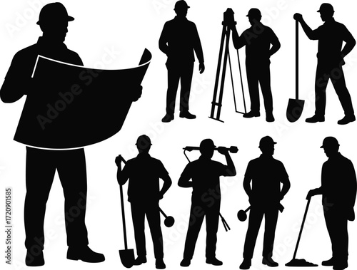 Construction workers silhouettes, hard hat safety, blueprint planning, construction tools, shovel digging, surveyor tripod, building site work, manual laborers, construction