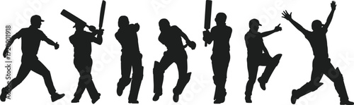 Cricket player silhouettes in action poses, including batting, bowling, fielding, celebrating, perfect for sports design, vector illustration, isolated graphic.