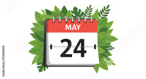May 24th date illustration for spring season or seasonal event with lush green foliage, isolated with white background
