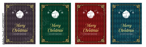 Elegant Merry Christmas and Happy New Year greeting card set of four with luxury gold frame decoration, festive baubles, snowflakes, vintage ornament design, holiday celebration invitation background