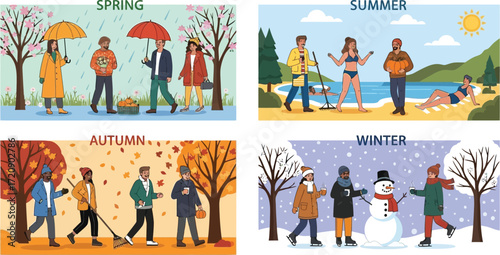 Illustration showing people engaging in seasonal activities during the four seasons of the year