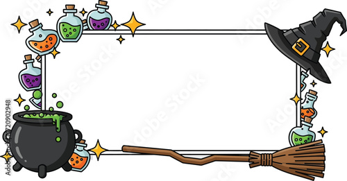 A halloween frame with a cauldron, potions, a witch hat, stars and a broom on a transparent background
