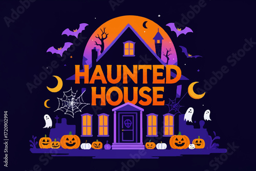 Haunted House Lettering Spooky yet Minimal Style, Glowing Orange and Purple Effect. Vector Illustration.