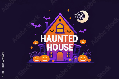 Haunted House Bright Lettering Spooky yet Minimal Style, Glowing Orange and Purple Effect. Vector Illustration.