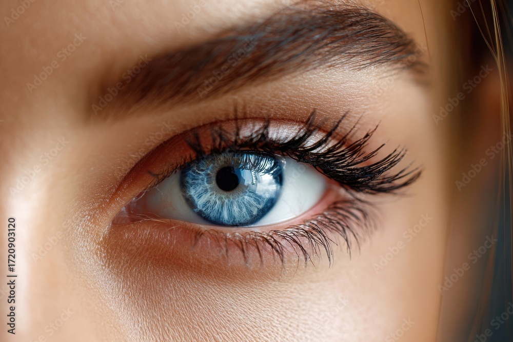 Obraz premium Close up of a womans bright blue eye